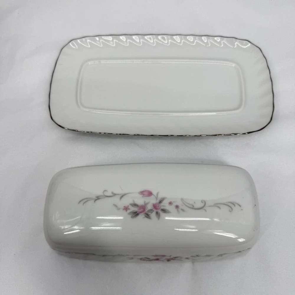 Gold Standard Butter Dish Floral Pink Rose Silver Trim Vintage Whimsical NOS